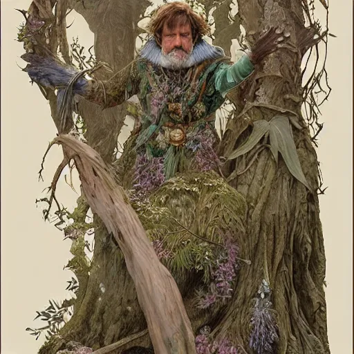 Image similar to an ultradetailed portrait of robin williams dressed as a druid, casting nature magic, old growth forest, d & d, fantasy, intricate, elegant, highly detailed, digital painting, matte, sharp focus, illustration, god rays, art by john collier and albert aublet and krenz cushart and artem demura and alphonse mucha