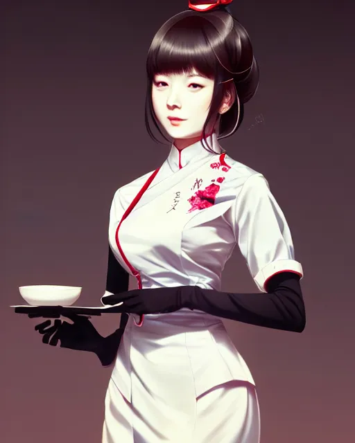 Prompt: full body shot of a beautiful tea hostess woman in work attire, art by saruei and guweiz and ilya kuvshinov, digital art, highly detailed, intricate, sharp focus, trending on artstation hq, deviantart, pinterest, unreal engine 5, 4 k uhd image