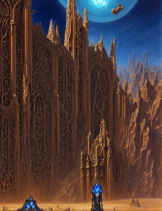 Image similar to giant immense crematorium advanced technology sci - fi architectural structure on desert planet, gothic architecture fantasy, d & d, intricate, painting by lucian freud and mark brooks, bruce pennington sakimi chan, fantasy armor, detailed face, dynamic lighting, tony sart