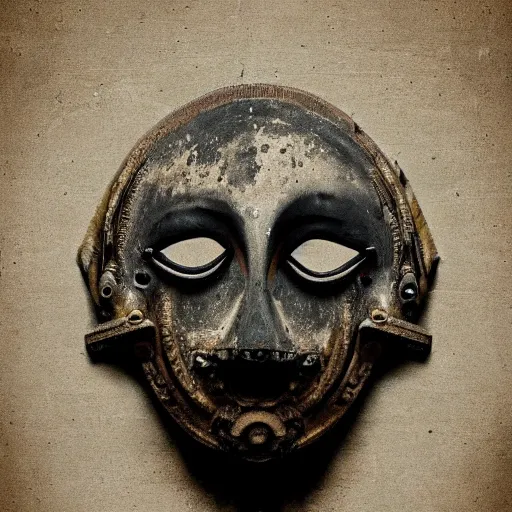 Prompt: a painting of an ominous dark ancient mask. worn out photography. sepia. cracks. hyper - detailed. gothic steampunk baroque. symmetric. epic. hyper - realistic. unreal render.