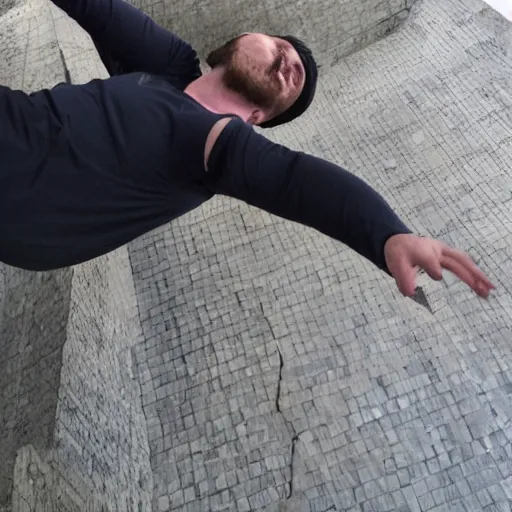 Prompt: pov of falling man, sleeves showing