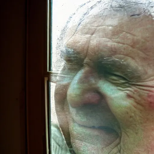 Prompt: a smiling old man seen through a dirty window