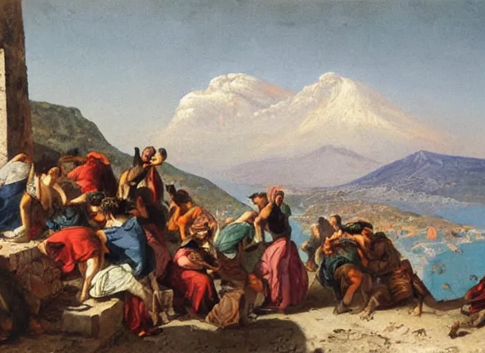 Image similar to detailed painting of average greeks drink wine and have fun against the backdrop of mount vesuvius starting to erupt by brullov