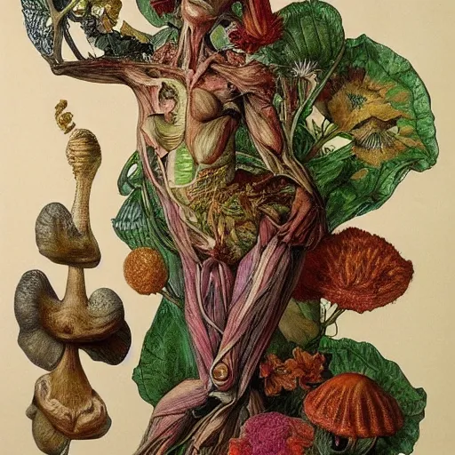 Image similar to a beautiful detailed full body rotten woman corpse morphing into fractal plants and fractal flowers and mushrooms, muscles, veins, anatomical, intricate, ornate, volumetric light, beautiful lit, manet