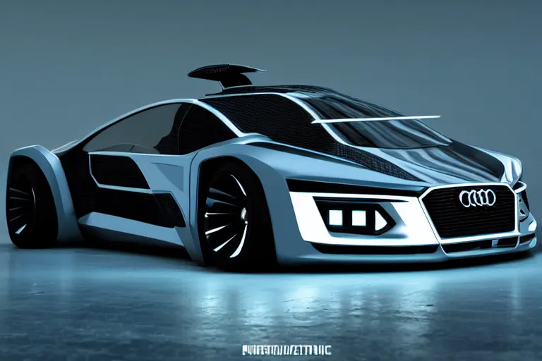 Prompt: cyberpunk audi concept inspired car, futuristic look, highly detailed body, very expensive, photorealistic camera shot, bright studio setting, studio lighting, crisp quality and light reflections, unreal engine 5 quality render