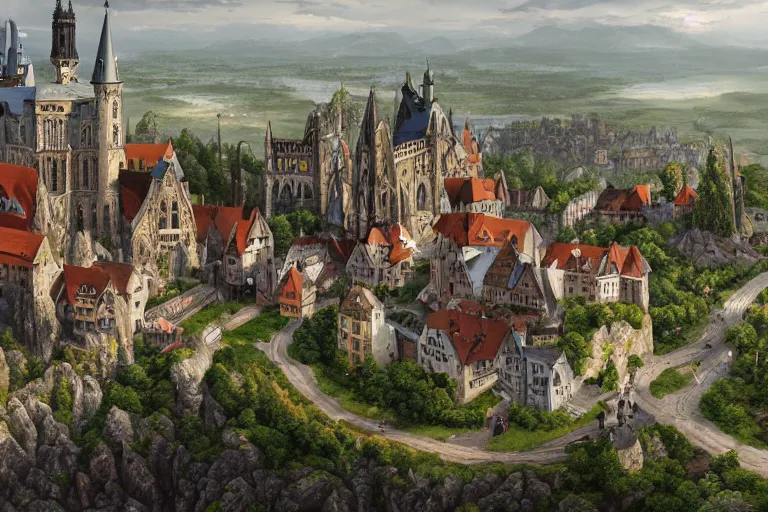 Prompt: an ultra detailed matte landscape painting of an german medieval capital city built into the side of a mountain, gothic architecture, sweeping vista, a large highway leading to tiny coastal fishing village very far away, ultrawide lens, aerial photography, 8 k, volumetric lighting, smooth, highly detailed, digital illustration, art by greg rutkowski and akira toriyama and artgerm