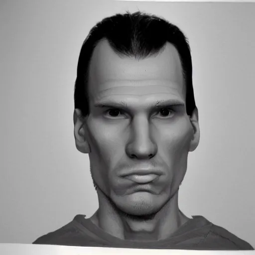 Image similar to A mugshot portrait of a man who looks like Jerma985 with short length wavy hair and a slightly receded hairline, wearing mid 1980s menswear in the late 1980s, taken in the late 1980s, grainy, realistic, hyperrealistic, very realistic, highly detailed, very detailed, extremely detailed, detailed, trending on artstation, front facing, front view, headshot and bodyshot, detailed face, very detailed face