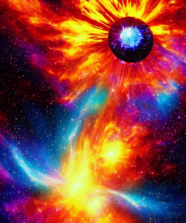 Image similar to blackhole, sun burst, space, bright colors, painting, rule of thirds, phoenix flames, nebula clouds, soft tones