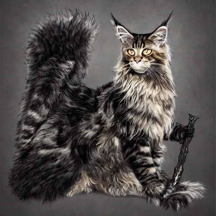 Prompt: Khajit with Maine Coon features and black fur holding two shortswords cloaked in shadow and wearing leather armor, white background, Fantasy, Tarot card style, Half Body Portrait, High detail, hyper realistic