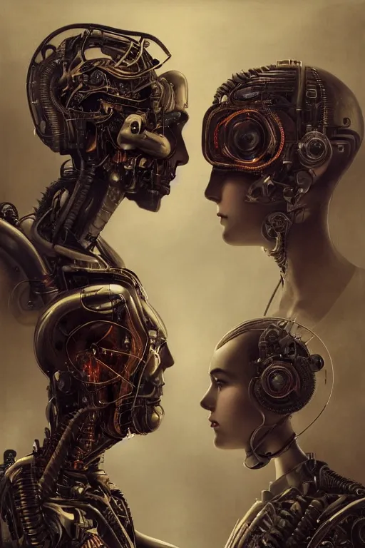 Image similar to a beautiful ultradetailed vintage photo of two cyborgs facing away from each other, by tom bagshaw and anna dittman, couples portrait, vignette, 35mm lens, golden ratio composition, detailed faces, studio photography, very detailed, humanoids, industrial robots, artstation, 8k, highly coherent