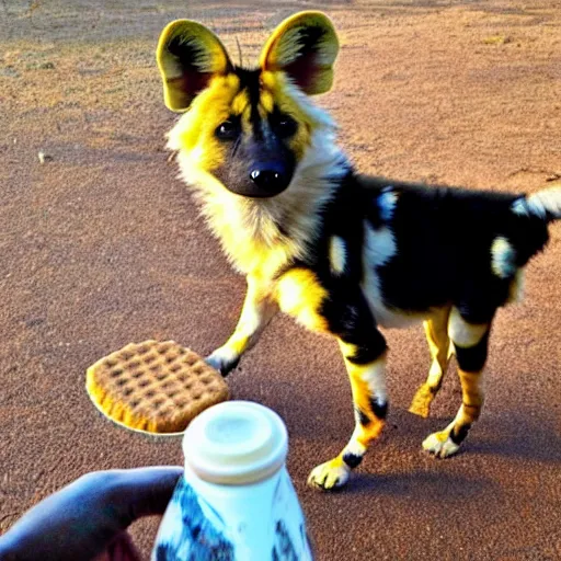 Prompt: serving graham crackers to a fluffy african wild / painted dog pup so he can happily lick his graham crackers : a good boy who deserves his tuesday grahams