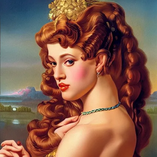 Prompt: woman with long long hair, ultra detailed, beautiful eyes, by greg hildebrandt fancy rococo baroque oil painting high quality clothed in fancy garb in pin up style