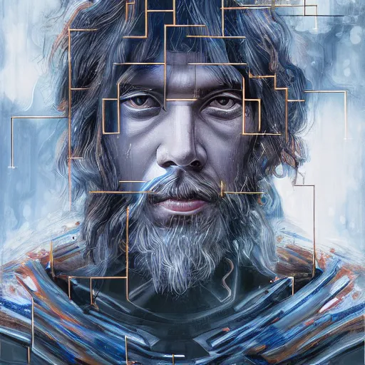 Image similar to mythological broken odin all father god of thunder and artificial intelligence creating himself with an artificial neural network with synapses, high resolution, award winning art, trending on art station, sharp image, incredibly detailed, detailed character realistic painting