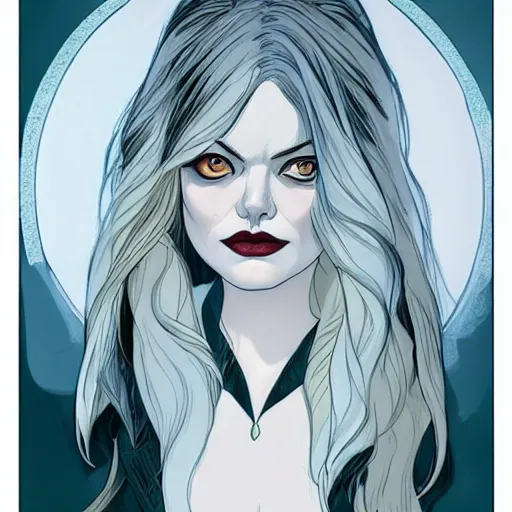 Image similar to Emma Stone vampire:: in the style of Joshua Middleton comic art:: symmetrical face symmetrical eyes