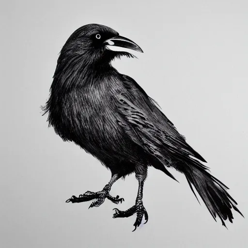 Prompt: detailed crow illustration, full body, black ink on white paper, sketched 4k