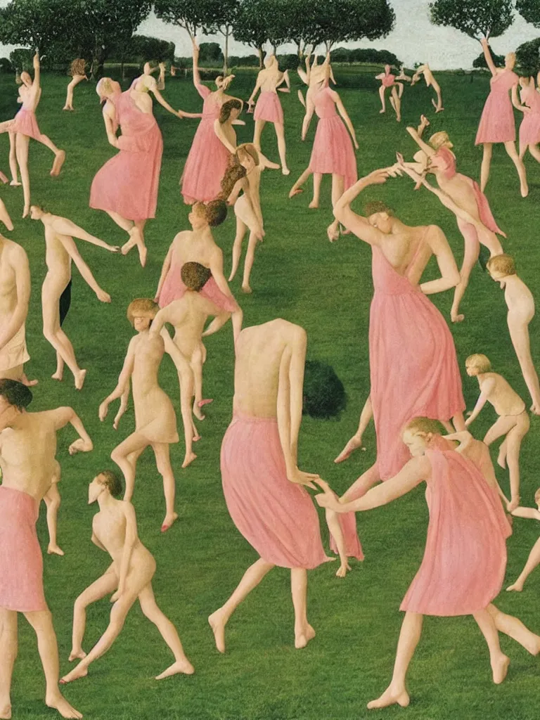 Prompt: A stylish group of disco dancers, dancing outside in a lush green field, pastel colors, long shadows. Painting by Alex Colville, Piero della Francesca