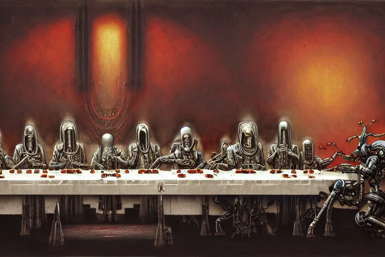 Image similar to painting of tech priests dining at the last supper, adeptus mechanicus!, cybernetic enhancements attached to his body, praise the omnissaiah, zdzislaw beksinski, lewis jones, mattias adolfsson, warhammer 4 0 k!!, cold hue's, warm tone gradient background, concept art, digital painting