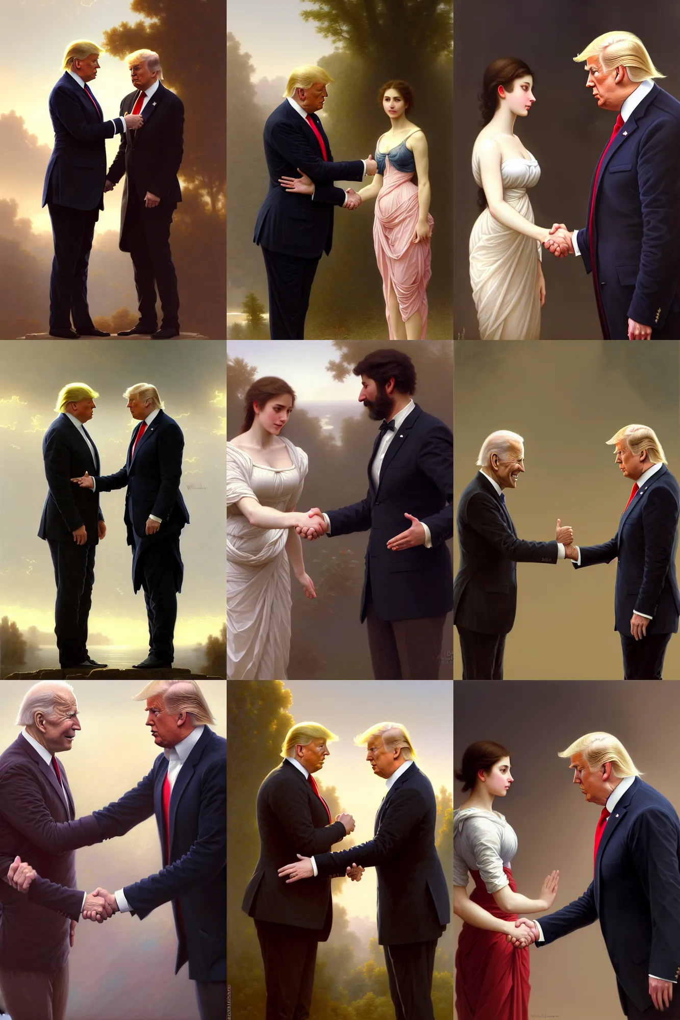 Prompt: depiction of biden and trump shaking hands, illustration by mandy jurgens and william adolphe bouguereau, artgerm, 4 k, digital art, surreal, highly detailed, artstation, digital painting, concept art, smooth, sharp focus, illustration by mandy jurgens and william adolphe bouguereau