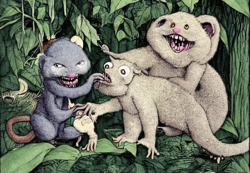 Image similar to possum monster in the wild, colorized, high detail, by Maurice Sendak