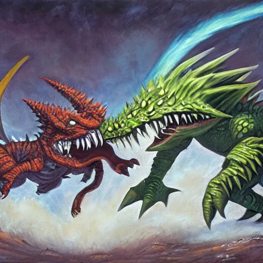 Image similar to tarrasque fighting a dracolich, oil painting