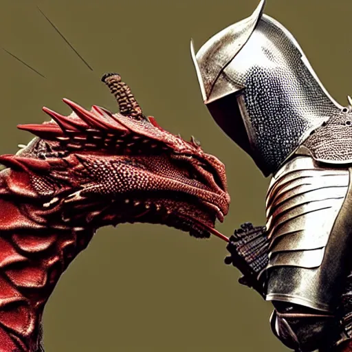 Prompt: a knight kissing a dragon. Amazing movie still.