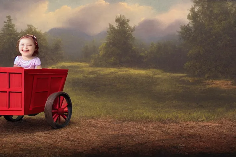 Prompt: highly detailed matte painting of a happy child sitting in a little red wagon, 🏡 by mark ryden, lowbrow, 8 k resolution.