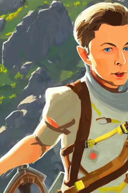 Image similar to an in game portrait elon musk of from the legend of zelda breath of the wild, breath of the wild art style.