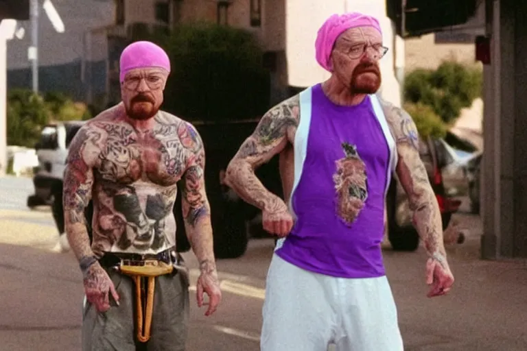 Prompt: walter white as a white gang member wearing a purple head covering made from a polyester or nylon material and a stained white tank top doing a drive - by shooting, arms covered in gang tattoo, paparazzi, leaked footage, uncomfortable, bad quality