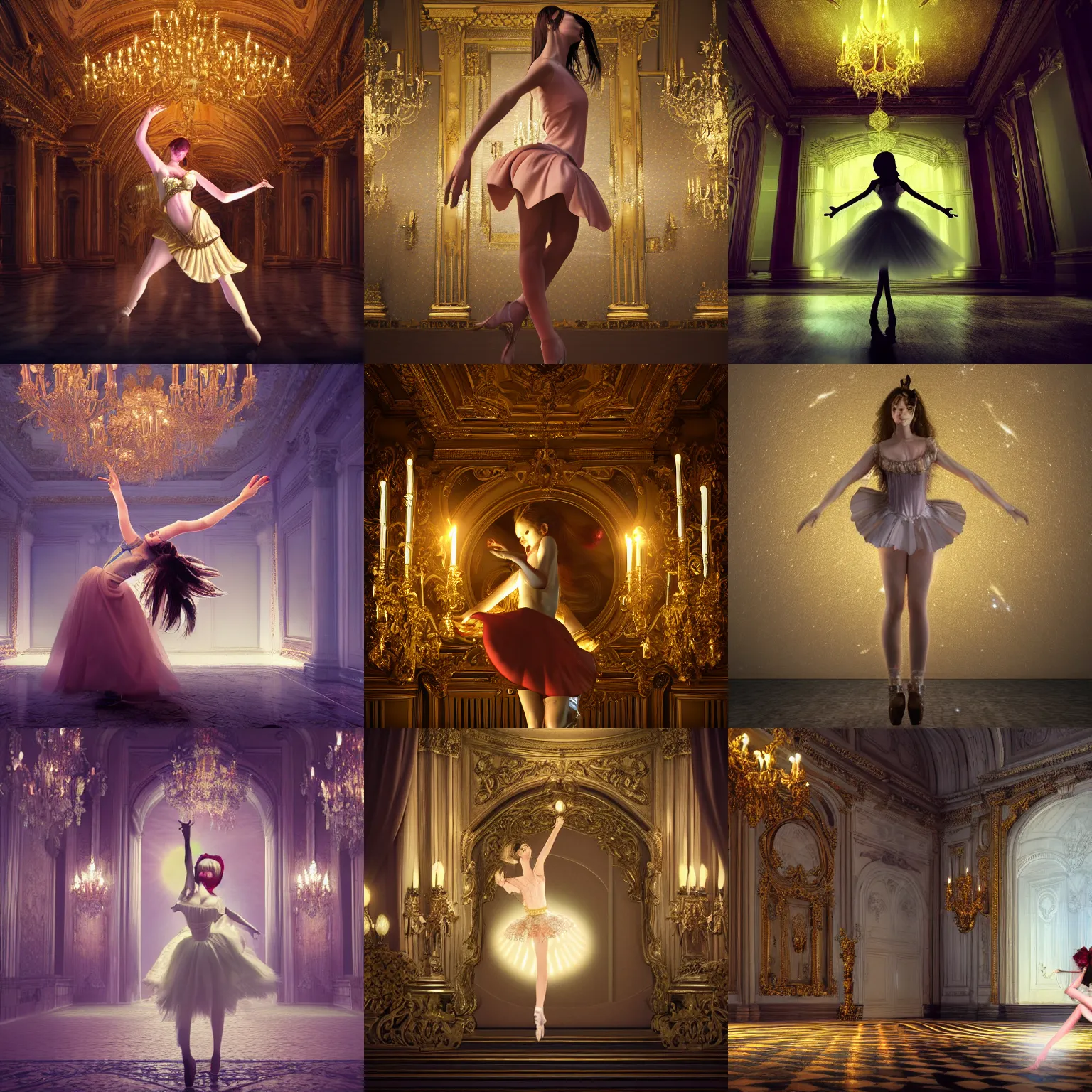 Prompt: nocturne, baroque, girl dancing in the midnight palace, rim light, full body picture, super detial, highly detail, cinematic, 8 k, stunning, hyper realristic, full hd render, dream, glittering