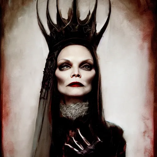 Image similar to portrait of Michelle Pfeiffer as evil vampire queen shoeing her sharp teeth wearing a dark crown by Tom Bagshaw and Guy Denning, rim light