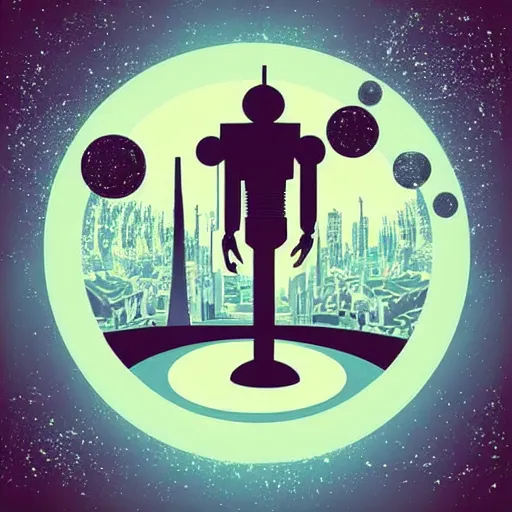 Image similar to “1950s art deco style robot silhouette facing a futuristic city, planets and stars in the background, retro poster.”