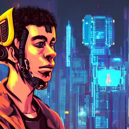 Image similar to in the style of max prentis and deathburger and laurie greasley a young mixed race male explorer wearing a cyberpunk headpiece who is communicating with a giant wise decaying robot head, highly detailed, 8k wallpaper