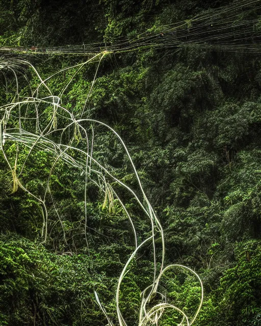 Prompt: a perspective piece of power cables going through a jungle, epic digital art