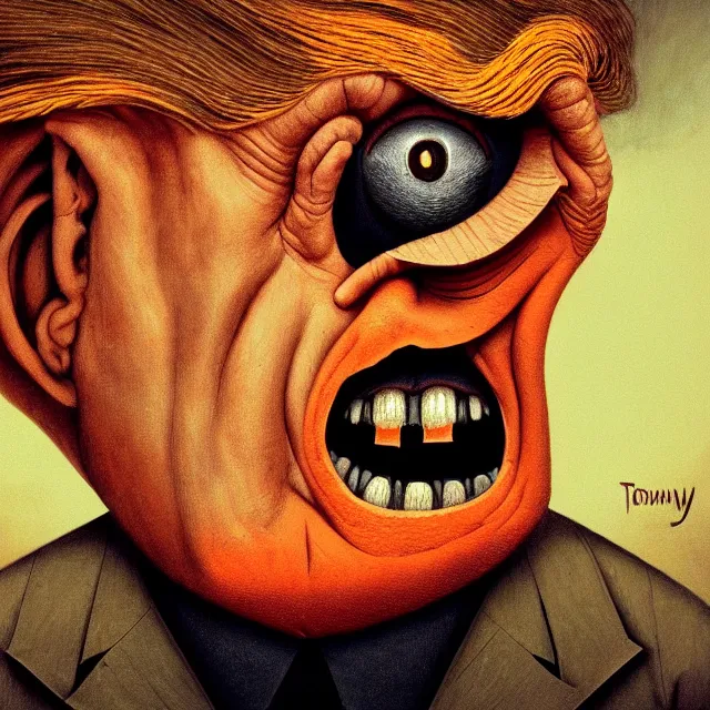 Image similar to gediminas pranckevicius | close up portrait of a evil trump with orange hair in the sinister valley of despair, one mouth, one nose, two eyes, oil painting by tomasz jedruszek, cinematic lighting, pen and ink, intricate line, hd, 4 k, million of likes, trending on artstation