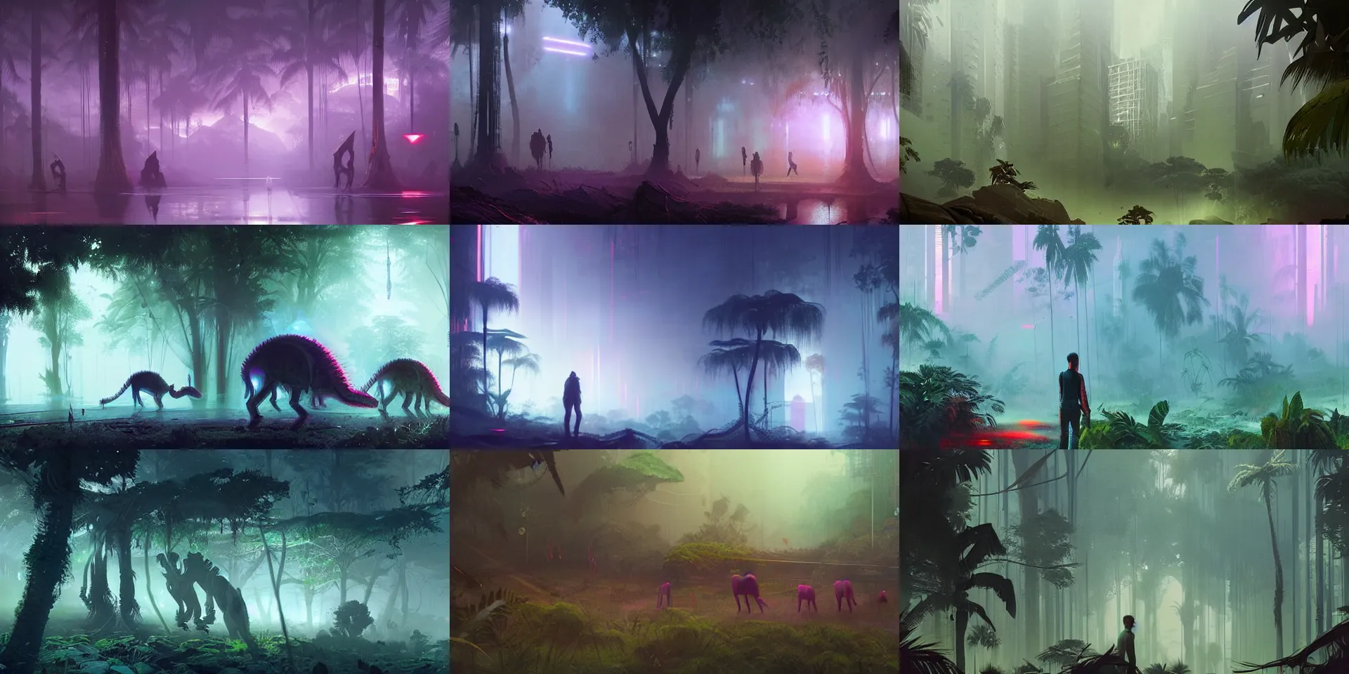Prompt: spectral neon dinosaurs, foggy jungle in the background, by greg rutkowski