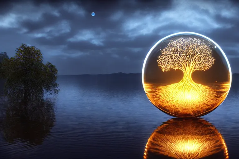 Image similar to glowing transparent crystal ball on a beautiful lake, radiant light, tree of life inside the ball, intricate details, reflections on the water, ripples, moody sky, hyperdetailed illustration by mark brooks, by yuumei, unreal engine 5, low light