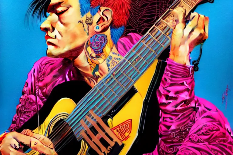 Image similar to 1 9 8 0 s punk rocker playing acoustic guitar, tristan eaton, victo ngai, artgerm, rhads, ross draws, intricated details, 3 / 4 view, full body portrait