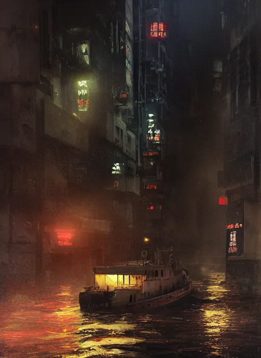 Image similar to dramatic Photorealistic, Matte Painting of a tug boat with bright head lights exploring a busy post apocalyptic deep flooded Hong Kong city street at night,dark Tall buildings by Greg Rutkowski,Craig Mullins,Hyperrealism,Beautiful dramatic moody lighting,Cinematic Atmosphere,volumetric,Octane Rendering,8K