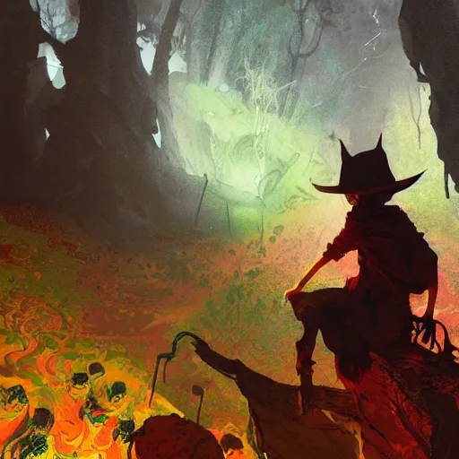 Image similar to snufkin in hell, digital illustration portrait design, by android jones and greg rutkowski, retrowave color scheme, detailed, cinematic lighting, wide angle action dynamic portrait