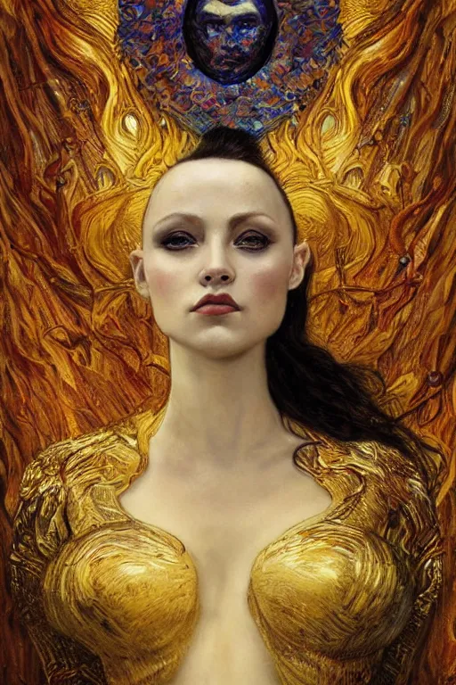 Prompt: Intermittent Chance of Chaos Muse by Karol Bak, Jean Deville, Gustav Klimt, and Vincent Van Gogh, beautiful inspiring portrait, enigma, Loki's Pet Project, destiny, Poe's Angel, fate, Surreality, inspiration, muse, otherworldly, fractal structures, arcane, ornate gilded medieval icon, third eye, spirals