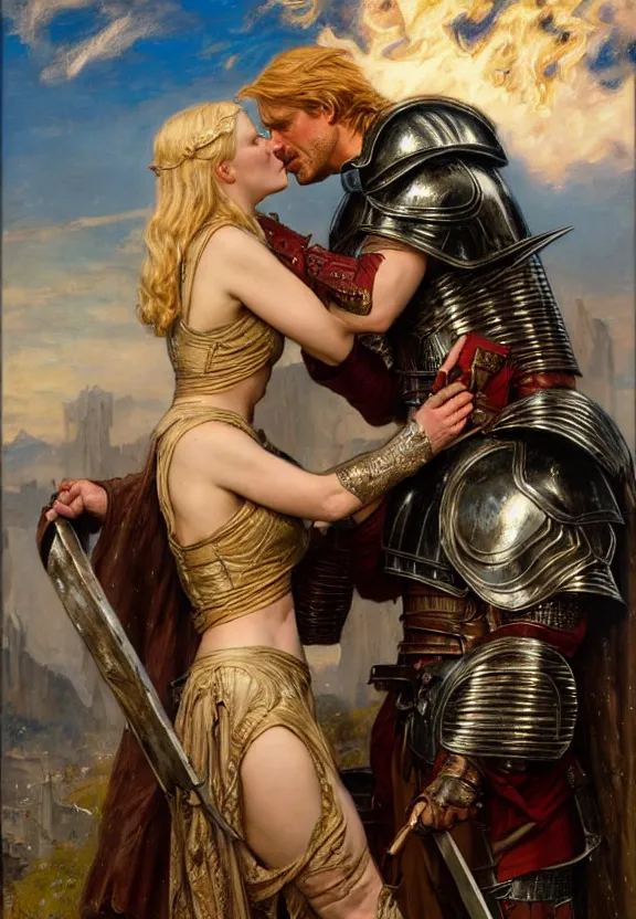 Prompt: attractive fully clothed jaime lannister kisses attractive fully clothed armored brienne of tarth. passionate romantic highly detailed painting by gaston bussiere and j. c. leyendecker 8 k