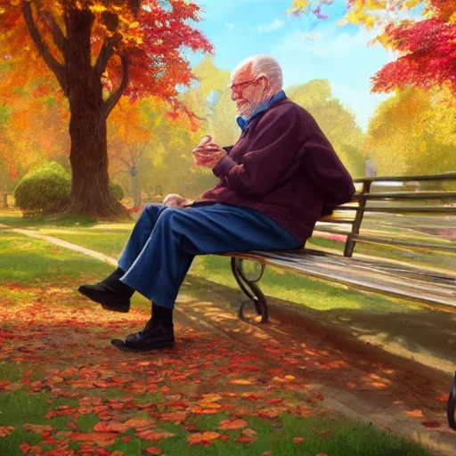 Image similar to 1940s old man sitting on a bench in a city park, colorful autumn, highly detailed, digital painting, artstation, concept art, sharp focus, illustration, art by artgerm and greg rutkowski and alphonse mucha