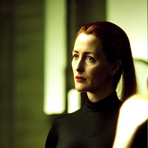 Prompt: Gillian Anderson as Trinity in the Matrix