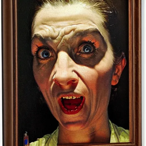 Image similar to Front portrait of an angry woman in the dark with eyes that literally glow. A painting by Norman Rockwell.