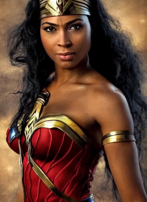 Prompt: beautiful african american wonder woman, stunning character portrait