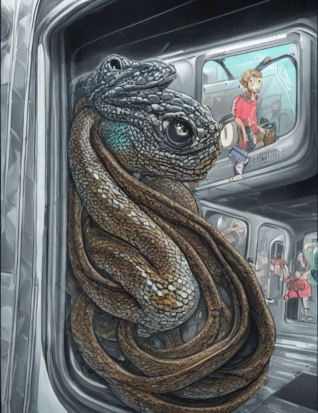 Prompt: realistic portrait of a lizard and snakes with a hoodie in the NYC subway looking at a train arriving to late by James Jean