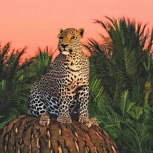 Image similar to “ leopard sitting on the top of a palm tree, sunset in background ”