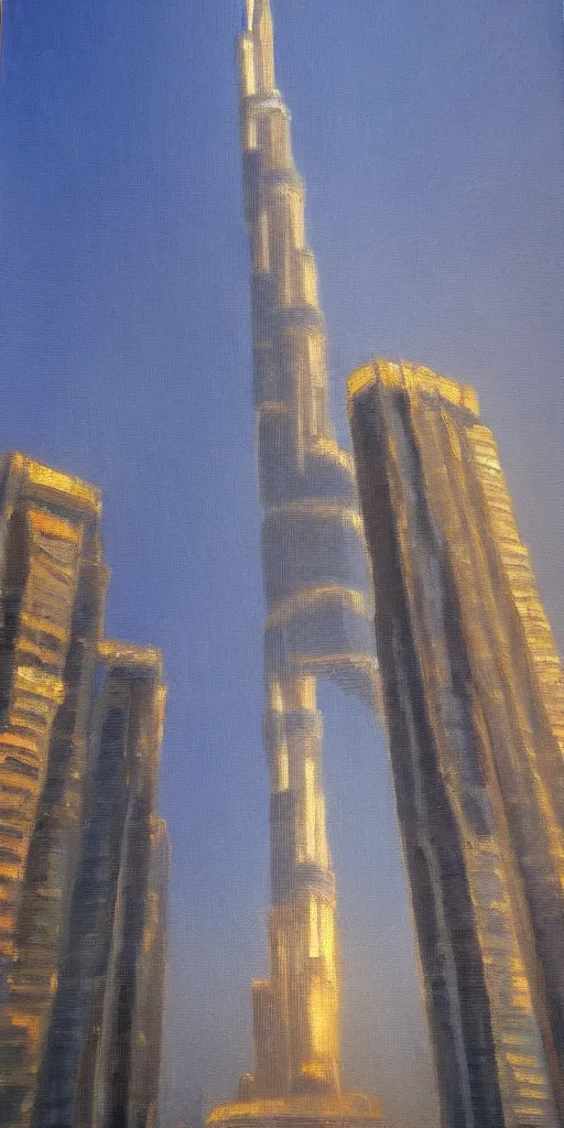 Image similar to The Burj Khalifa, Dubai, oil painting in the style of Bob Ross, high detail