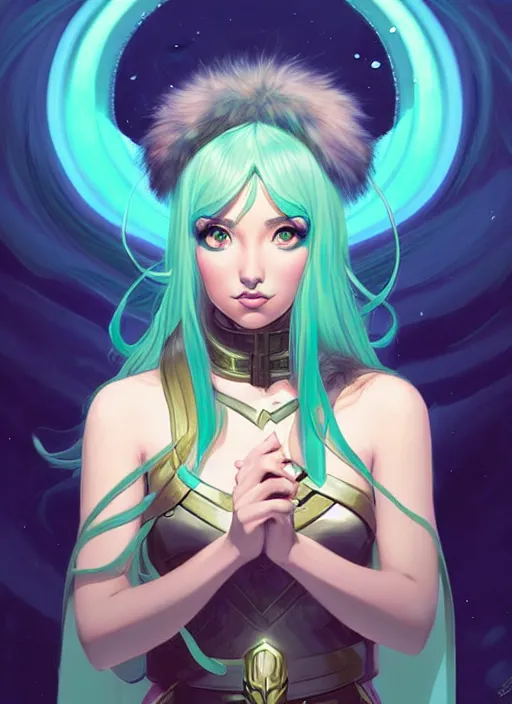 Image similar to style artgerm, joshua middleton, illustration, ariana grande as a high priestess wearing green pelt light armor, anime eyes, blue hair, swirling water cosmos, fantasy, dnd, cinematic lighting