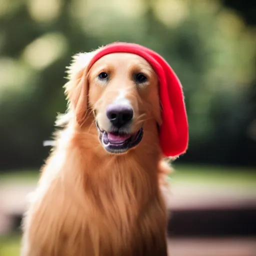 Prompt: photography of a golden _ retriever with a red cap, cinematic film, bokeh